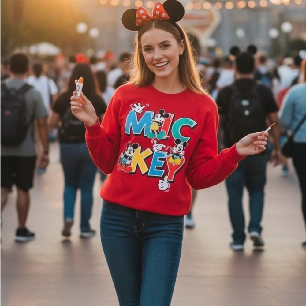 Disney Mickey Mouse Red Crewneck Sweatshirt Juniors Small 3/5 Colorful Retro